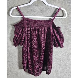 A Byer Velvet Burnout Top Womens Size Small Burgundy Wine Smocked Cold Shoulder
